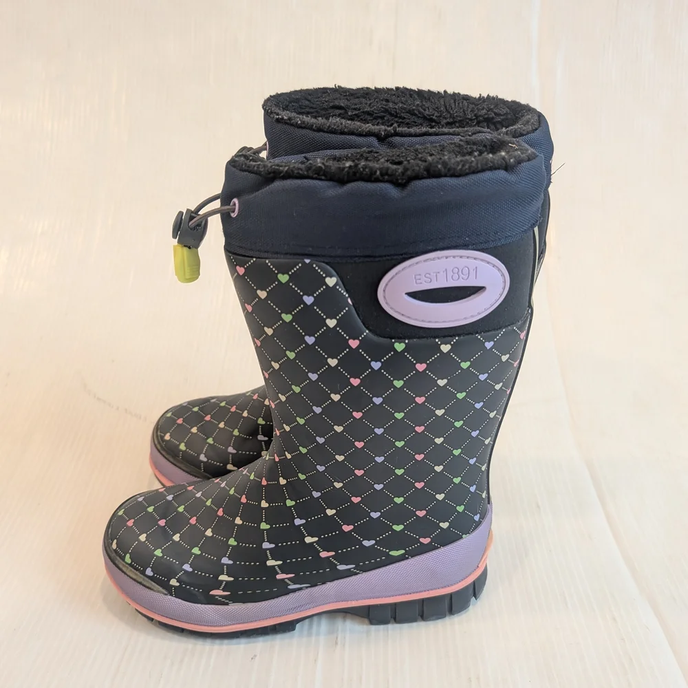 WESTERN CHIEF Girls Black Heart Print Insulated Warm Winter Snow Boots Size 13/1